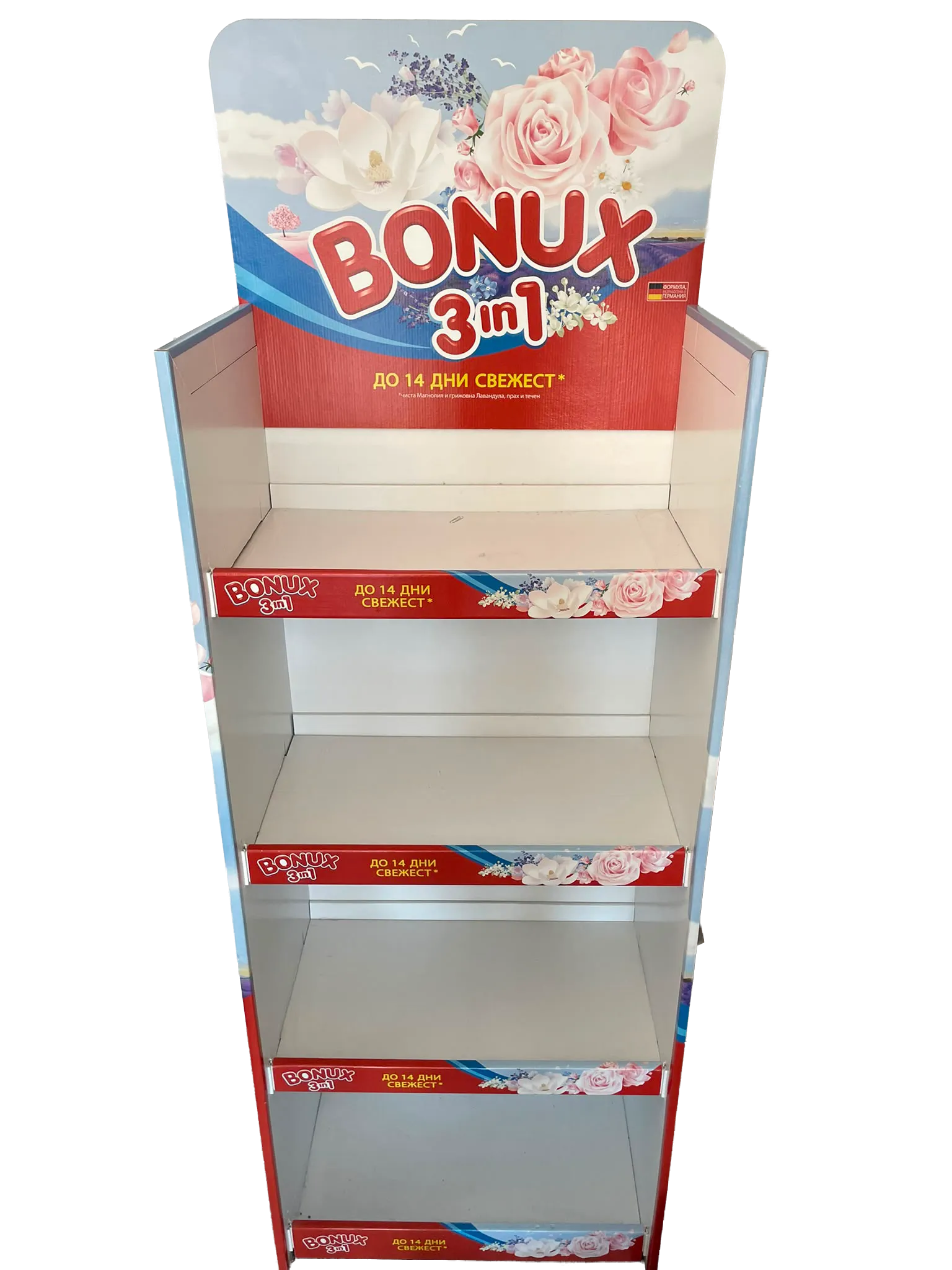  Display podea Bonux 3 în 1, colorat, cu motive florale și mesaj despre prospețime de până la 14 zile. 