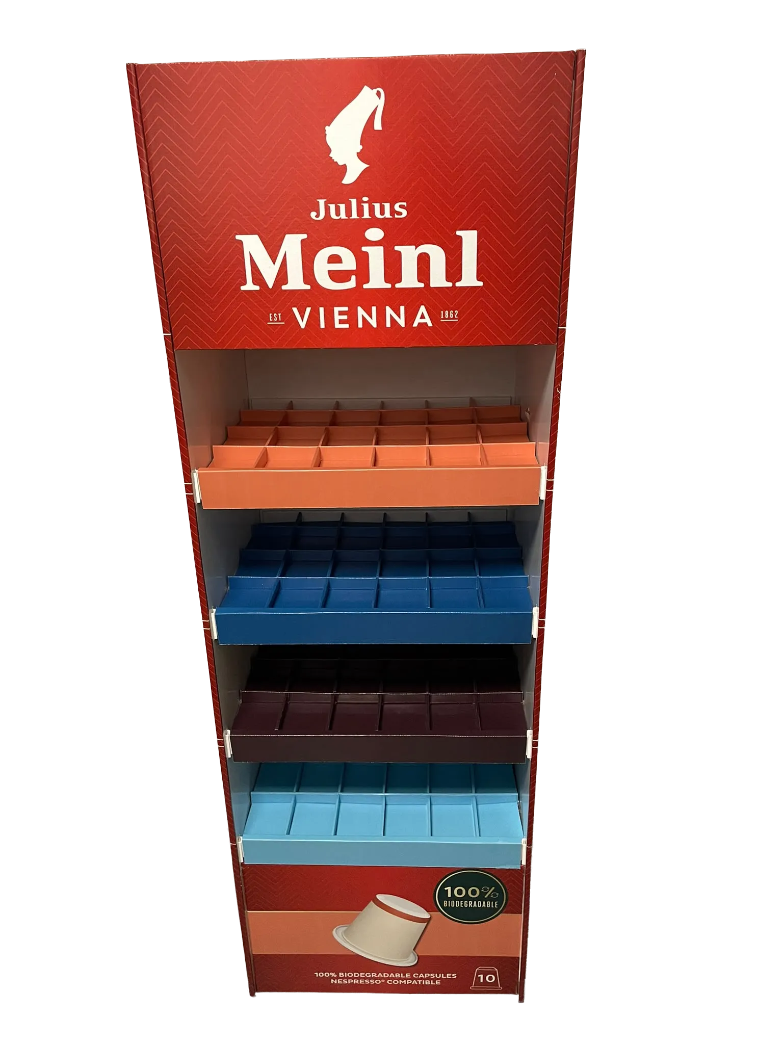 Display podea Julius Meinl pentru capsule biodegradabile compatibile Nespresso, produs de Sothis Print