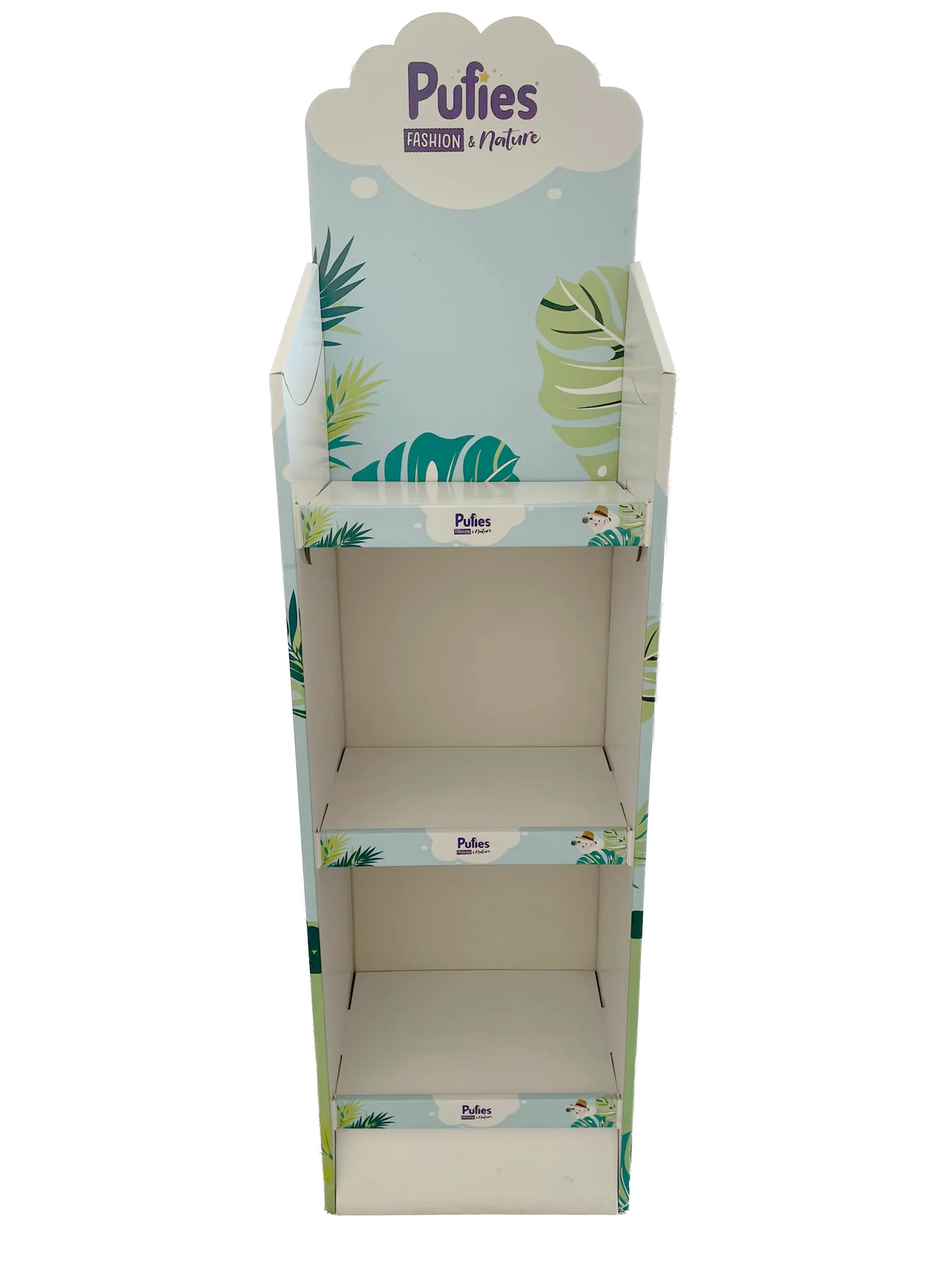 Display podea Pufies Fashion & Nature cu design tropical, trei rafturi și header decorat cu frunze.