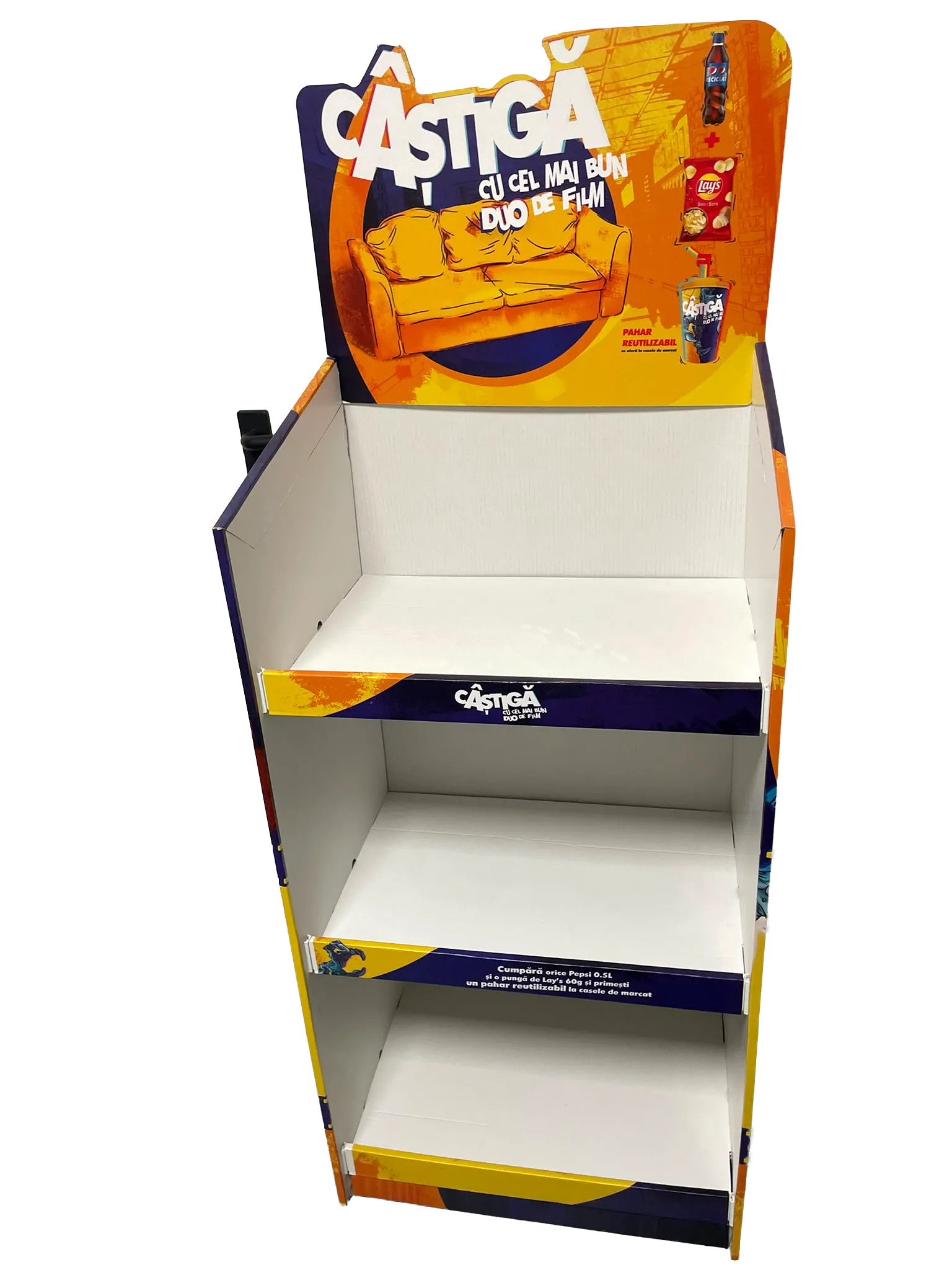 Display podea promoțional Pepsi și Lay’s, colorat, cu mesaj despre pahar reutilizabil oferit la achiziție.
